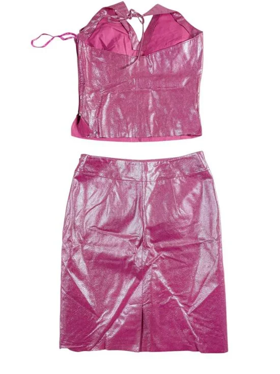 Rare Vintage Y2K Express Hot Pink 100% Leather Halter Top Skirt Set Sz XS Fest - Picture 8 of 16